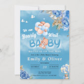 Barly Wachten Blauw Teddy Bear Baby shower Uitnodi Kaart (Voorkant)