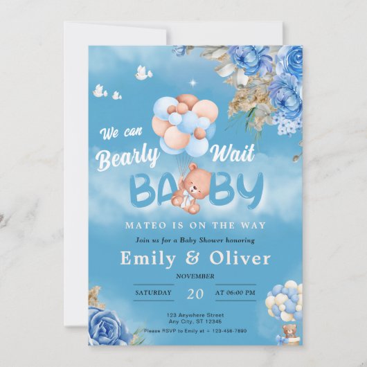 Barly Wachten Blauw Teddy Bear Baby shower Uitnodi Kaart (Voorkant)
