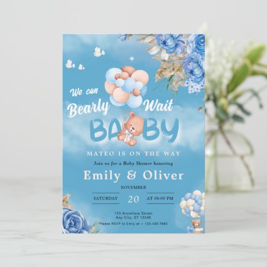 Barly Wachten Blauw Teddy Bear Baby shower Uitnodi Kaart (Staand voorkant)