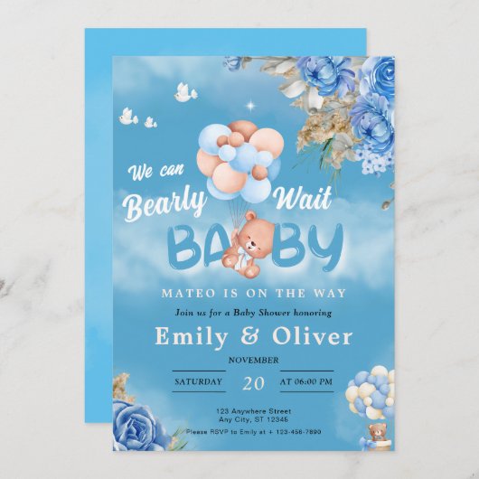 Barly Wachten Blauw Teddy Bear Baby shower Uitnodi Kaart (Voorkant / Achterkant)