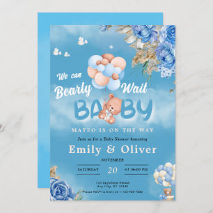 Barly Wachten Blauw Teddy Bear Baby shower Uitnodi Kaart