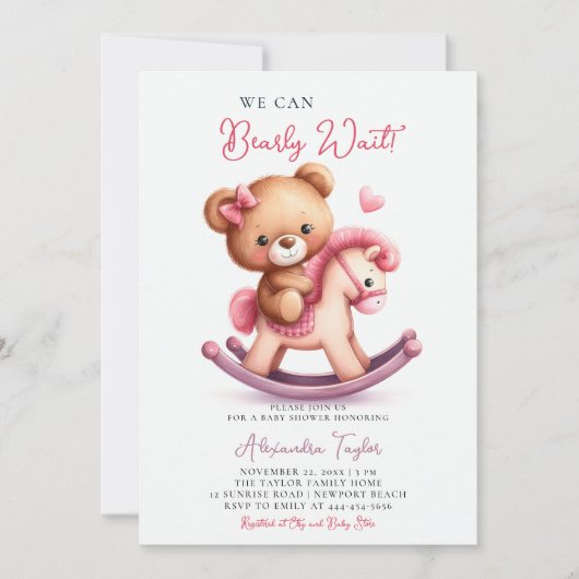 Barly Wachten Rocking Paard Bow Baby Meisje Douche Kaart (Voorkant)