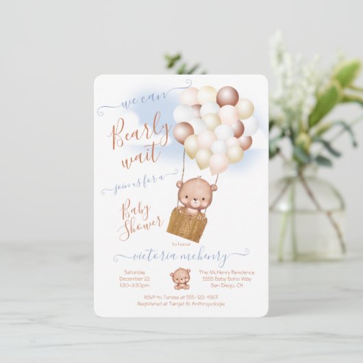 Barly Wait Baby shower Teddy Bear Balloons Kaart (Staand voorkant)