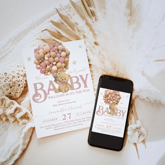 Barly wait boho roze ballon baby meisje douche kaart