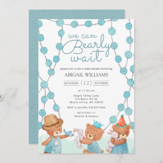 Barly Wait Cute Waterverf Teddy Bear Baby shower Kaart (Voorkant / Achterkant)