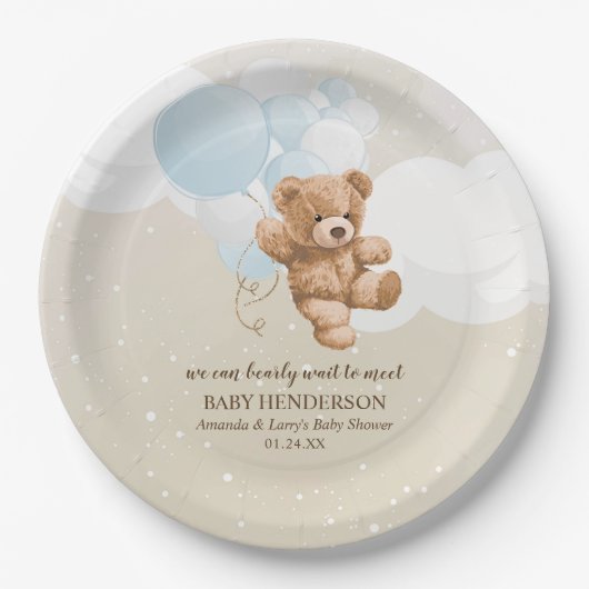 Barly Wait Dusty Blue Teddy Bear Napkins Papieren Bordje (Voorkant)