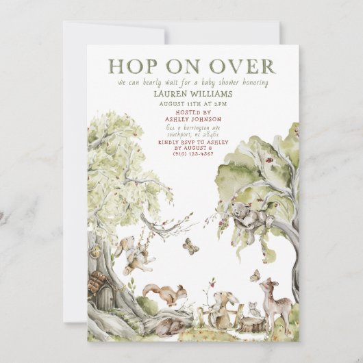 Barly Wait Hop on Over Woodland Baby shower Kaart (Voorkant)