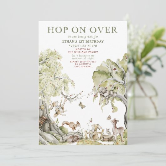 Barly Wait Hop over Woodland 1st Birthday Kaart (Staand voorkant)