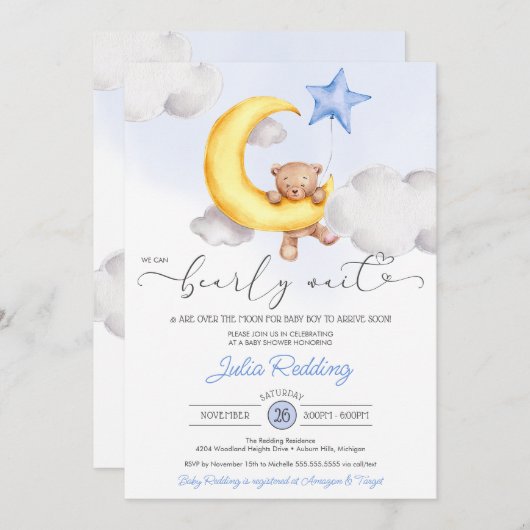 Barly Wait Moon & Star Teddy Bear Boy Baby shower Kaart (Voorkant / Achterkant)