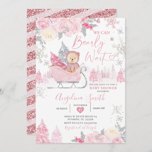 Barly Wait Pink Snowflake Floral Baby shower Kaart (Voorkant / Achterkant)