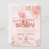 Barly Wait Pink Teddy Bear Baby shower Invitation Kaart (Voorkant)