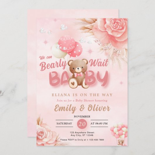 Barly Wait Pink Teddy Bear Baby shower Invitation Kaart (Voorkant / Achterkant)