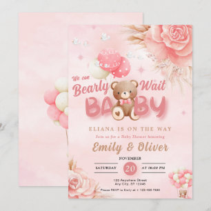 Barly Wait Pink Teddy Bear Baby shower Invitation Kaart