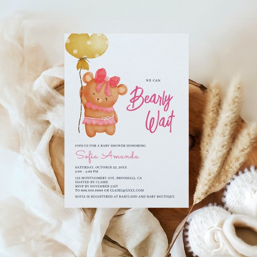 Barly Wait Pink Teddy Bear Baby shower Kaart
