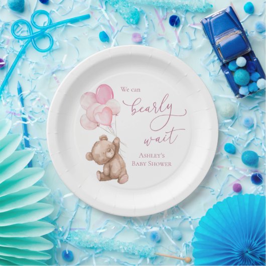 Barly Wait Pink Teddy Bear Baby shower Papieren Bordje (Feest)