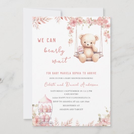 Barly wait Roze Baby shower AquarelInvitation Kaart (Voorkant)