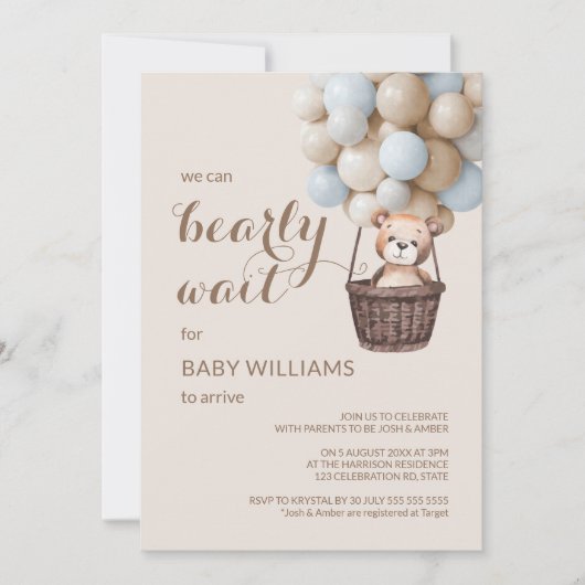 Barly Wait Teddy Balloons Boy Baby shower Invitat Kaart (Voorkant)