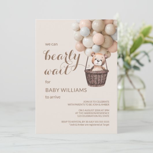 Barly Wait Teddy Balloons Girl Baby shower Kaart (Staand voorkant)