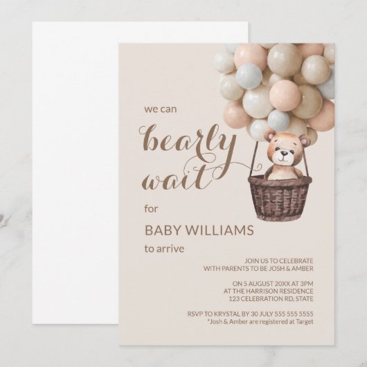 Barly Wait Teddy Balloons Girl Baby shower Kaart (Voorkant / Achterkant)