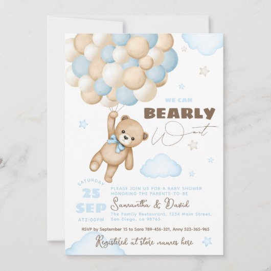 Barly Wait Teddy Bear Balloon Boy Baby shower Kaart (Voorkant)