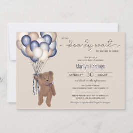 Barly Wait Teddy Bear & Balloons Baby shower Invi Kaart