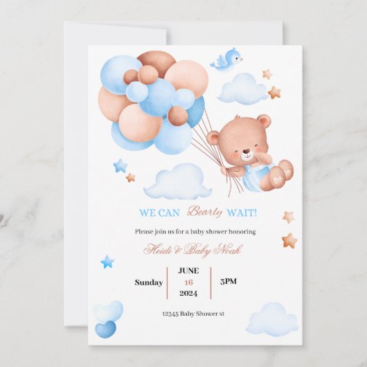 Barly Wait Teddy Bear Blauw Baby shower Uitnodigin Kaart (Voorkant)