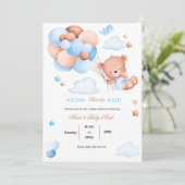Barly Wait Teddy Bear Blauw Baby shower Uitnodigin Kaart (Staand voorkant)