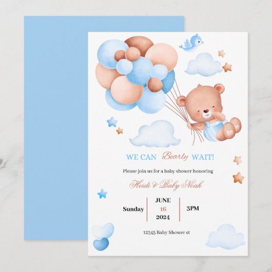 Barly Wait Teddy Bear Blauw Baby shower Uitnodigin Kaart (Voorkant / Achterkant)