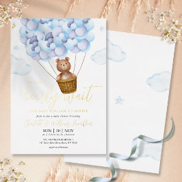 Barly Wait Teddy Bear Blue Boy Baby shower Gold Folie Uitnodiging