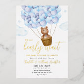 Barly Wait Teddy Bear Blue Boy Baby shower Gold Folie Uitnodiging (Voorkant)