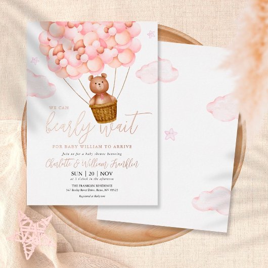 Barly Wait Teddy Bear Girl Baby shower Roos Gold Folie Uitnodiging