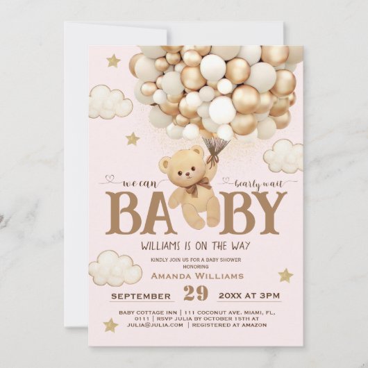 Barly Wait Teddy Beer Licht Roze Baby Meisje Douch Kaart (Voorkant)