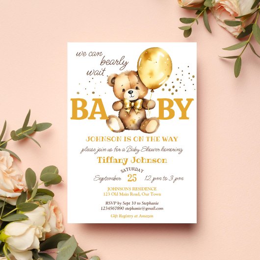 Barly wait teddybeer goudbruin baby shower kaart
