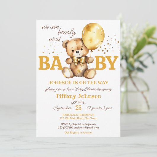 Barly wait teddybeer goudbruin baby shower kaart (Staand voorkant)