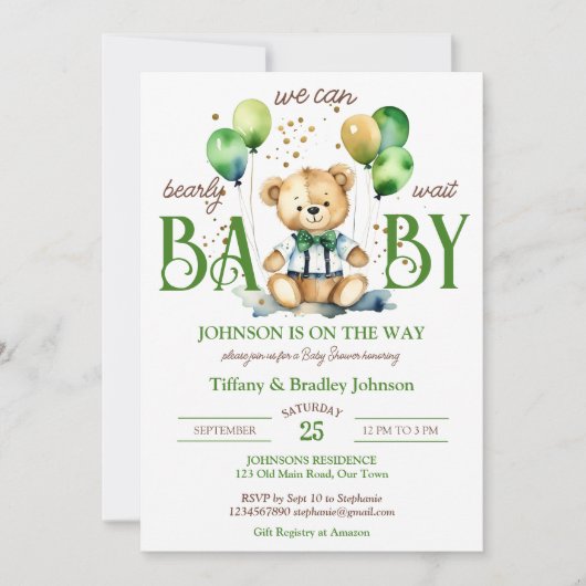 Barly wait teddybeer groen bruin baby shower kaart (Voorkant)