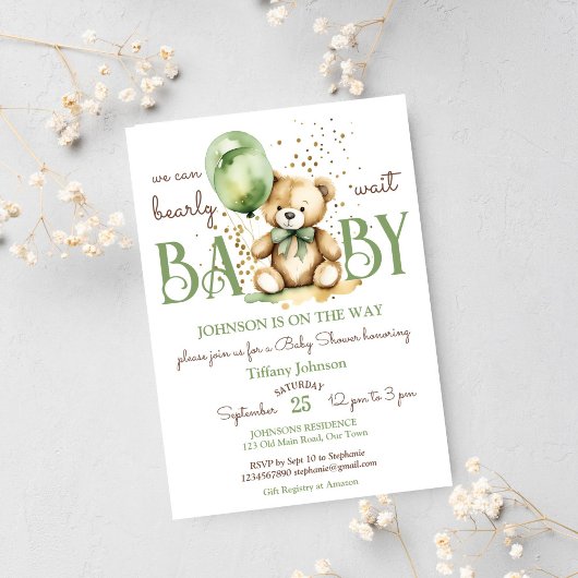 Barly wait teddybeer groen bruin baby shower kaart