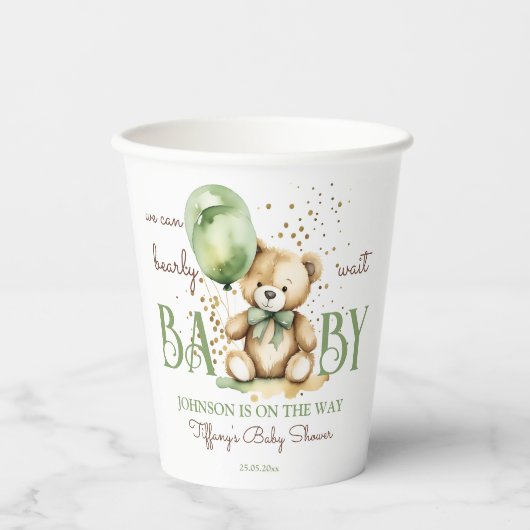 Barly wait teddybeer groen bruin baby shower papieren bekers (Voorkant)