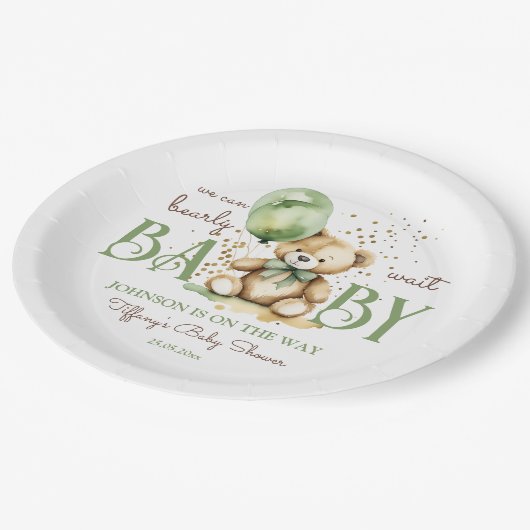 Barly wait teddybeer groen bruin baby shower papieren bordje (Gekanteld)