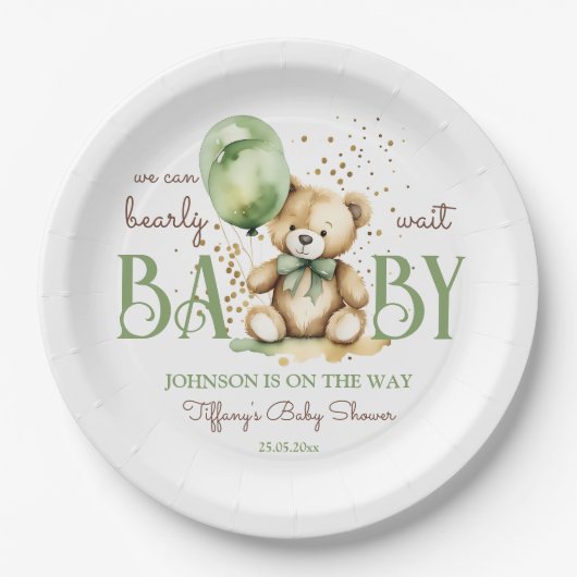 Barly wait teddybeer groen bruin baby shower papieren bordje (Voorkant)