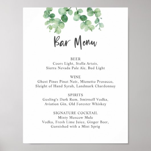 Barmenu Eucalyptus Bruiloft Botanische Groenelemen Poster (Voorkant)