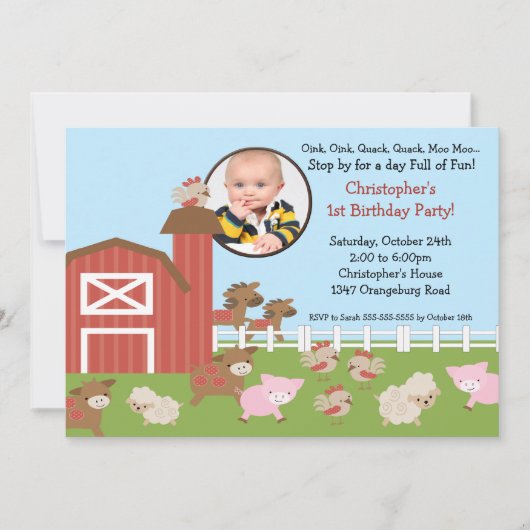 Barn Animal Fun Foto Birthday Invitation Kaart (Voorkant)
