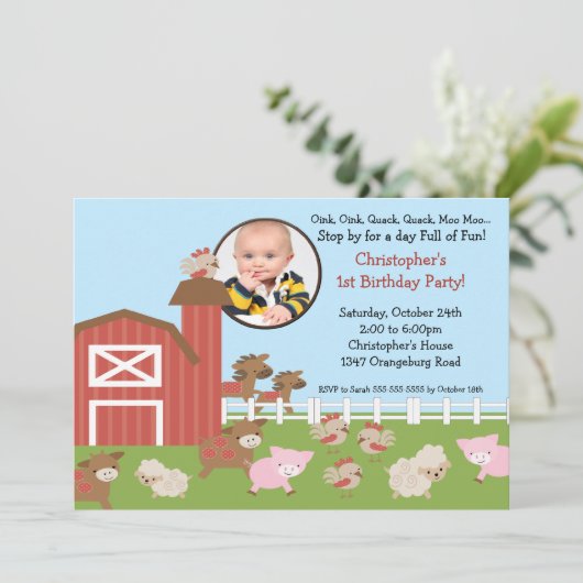 Barn Animal Fun Foto Birthday Invitation Kaart (Staand voorkant)