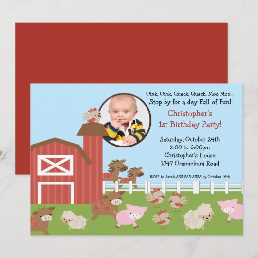 Barn Animal Fun Foto Birthday Invitation Kaart (Voorkant / Achterkant)