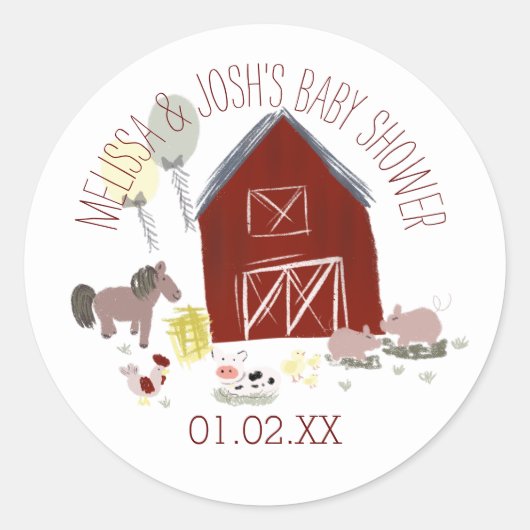 Barn Animals Ballon Tassels Baby shower Favor Ronde Sticker (Voorkant)
