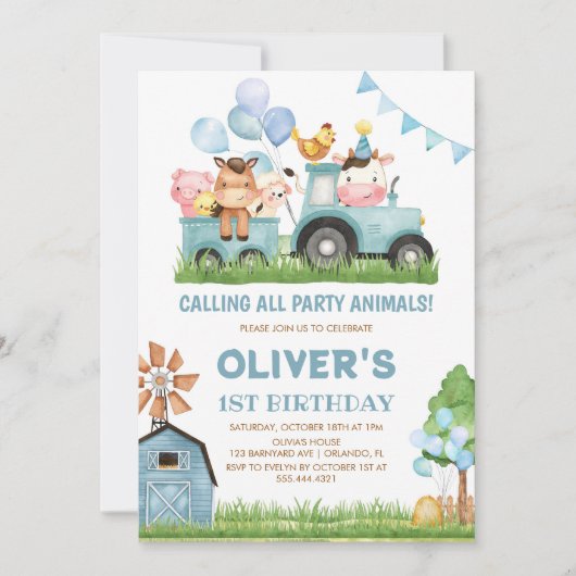 Barn Animals, Barnyard, Ranch Boys 1st Birthday Kaart (Voorkant)