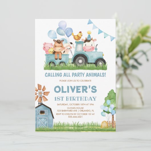 Barn Animals, Barnyard, Ranch Boys 1st Birthday Kaart (Staand voorkant)