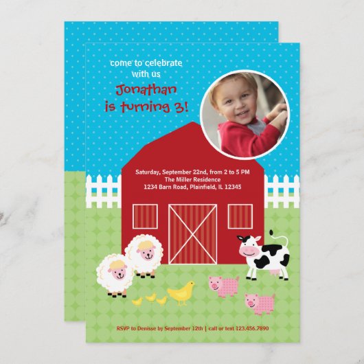 Barn Animals Birthday Foto Uitnodiging (Voorkant / Achterkant)
