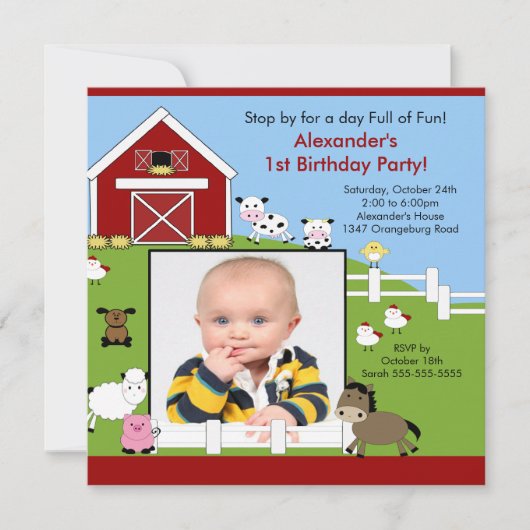 Barn Animals Fun1st Birthday Foto Uitnodiging (Voorkant)