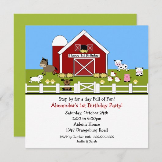 Barn Animals Fun 1st Birthday Kaart (Voorkant / Achterkant)