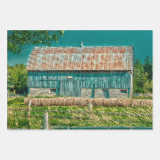 Barn Blauwgroen  Boerderij Inpakpapier Vel (Voorkant 3)